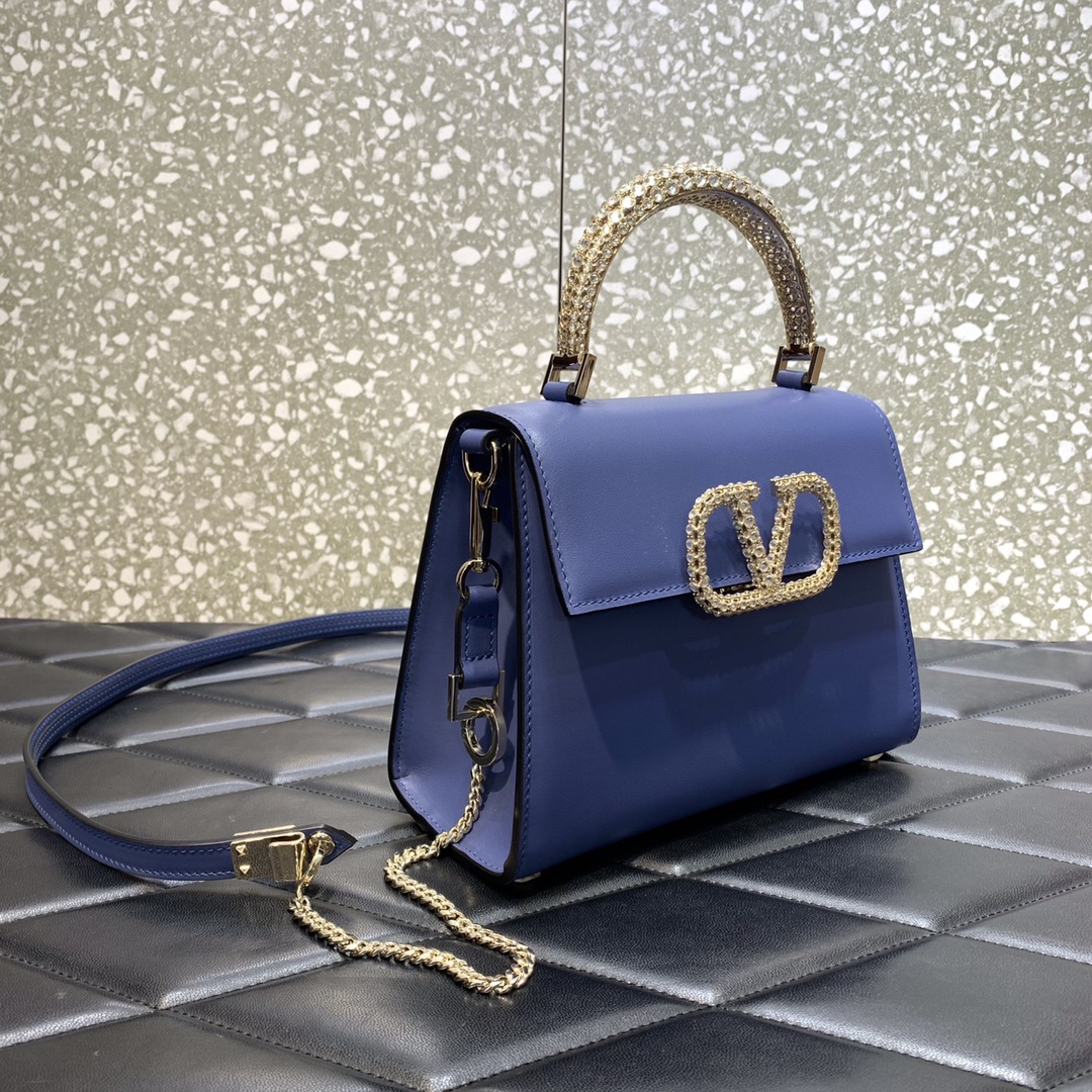 Valentino Garavani Vsling Small Handbag in Porcelain Blue Grainy Calfskin 